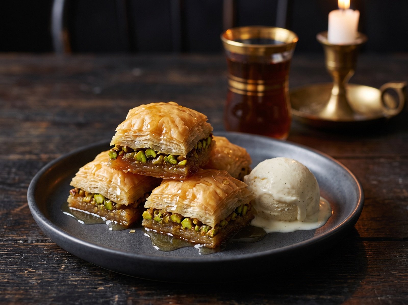 Baklava mit Pistazien und cremigem Eis