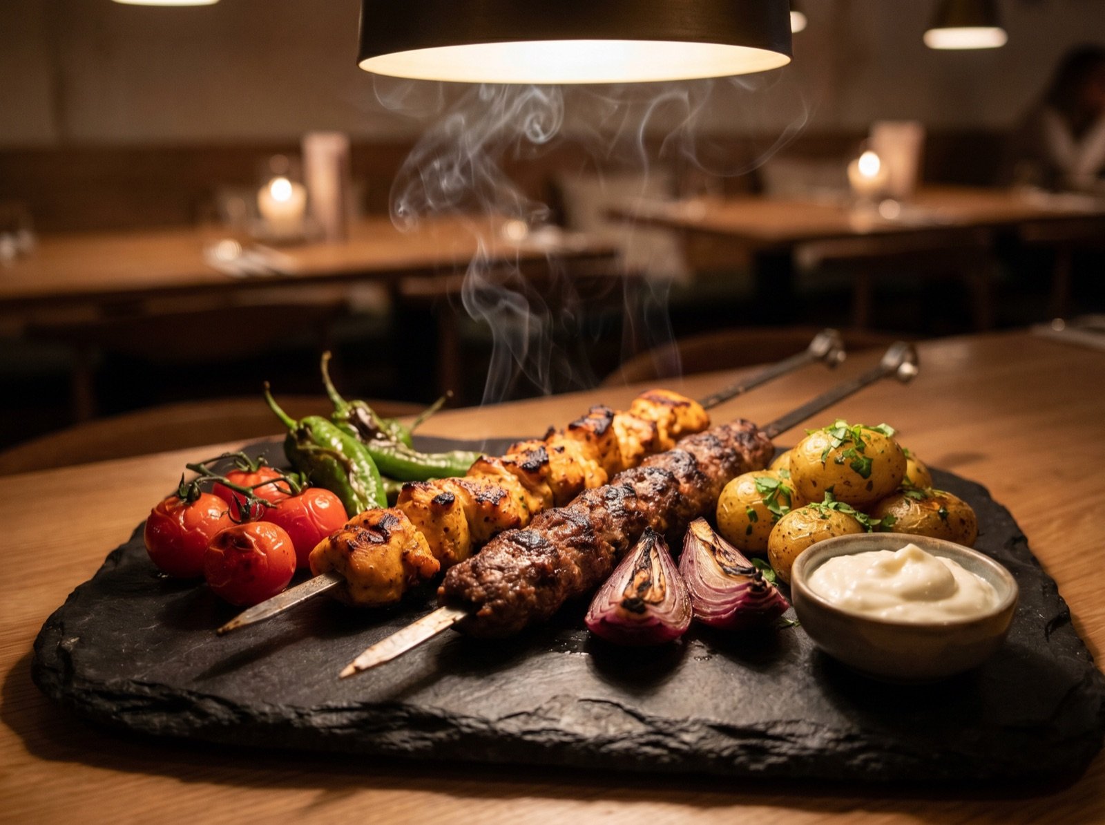 Gegrillte Spieße Shish Taouk und Adana Kebab mit Korianderkartoffeln