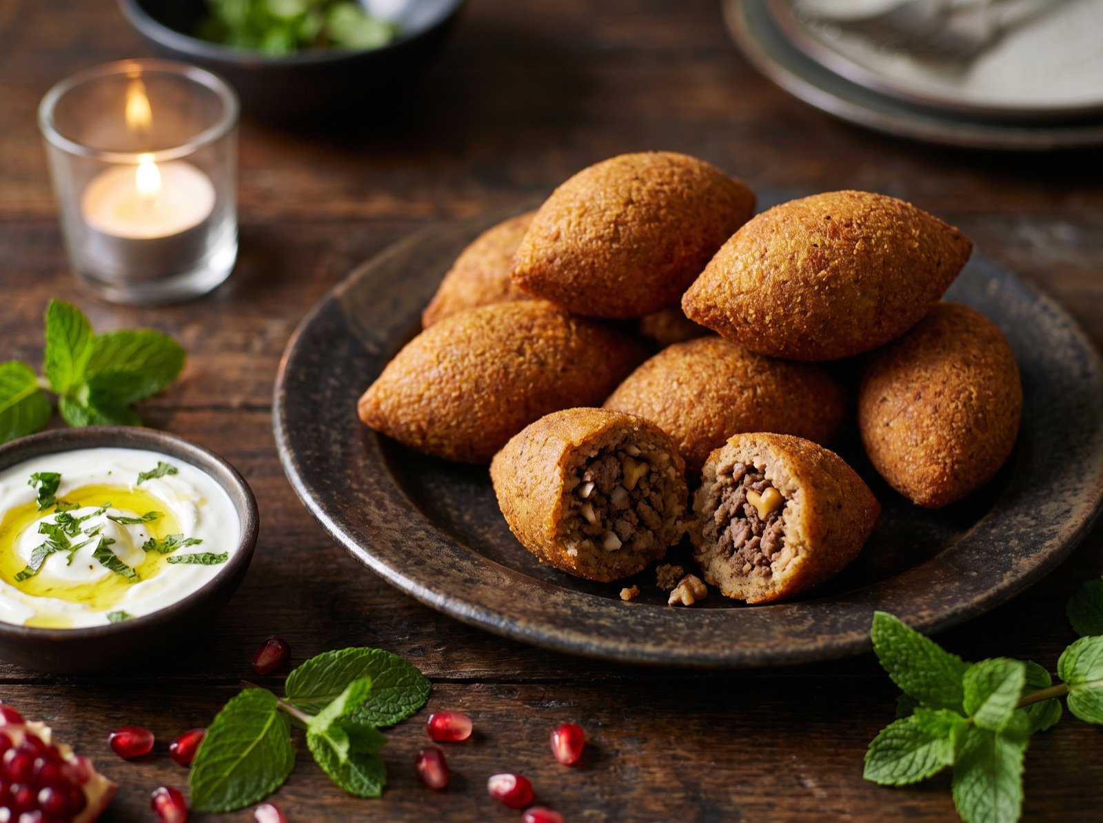 Goldbraun frittierte Kibbeh mit Joghurt-Dip